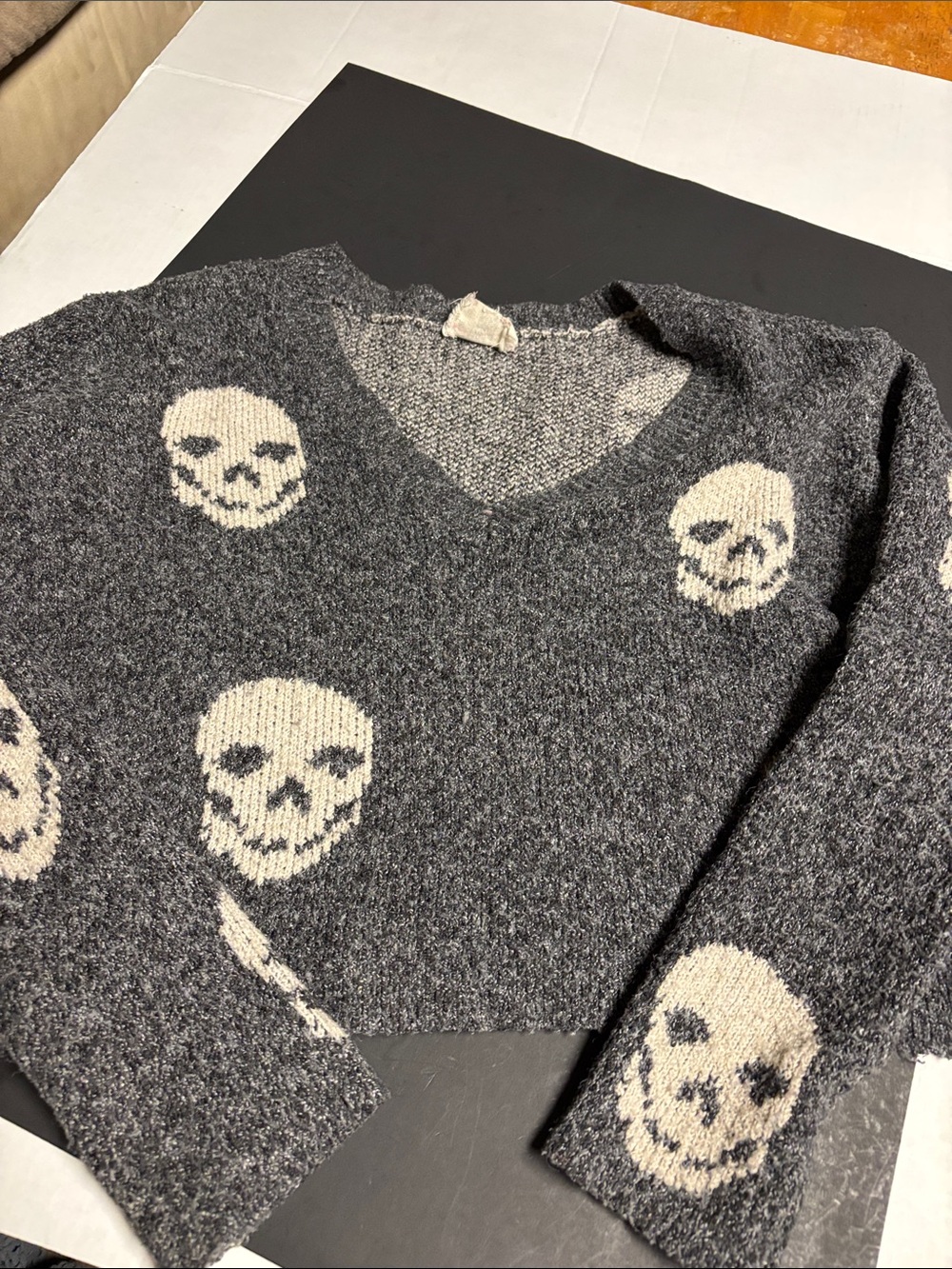 Hippie Rose Charcoal Gray Scoopneck Skull Knit Sweater